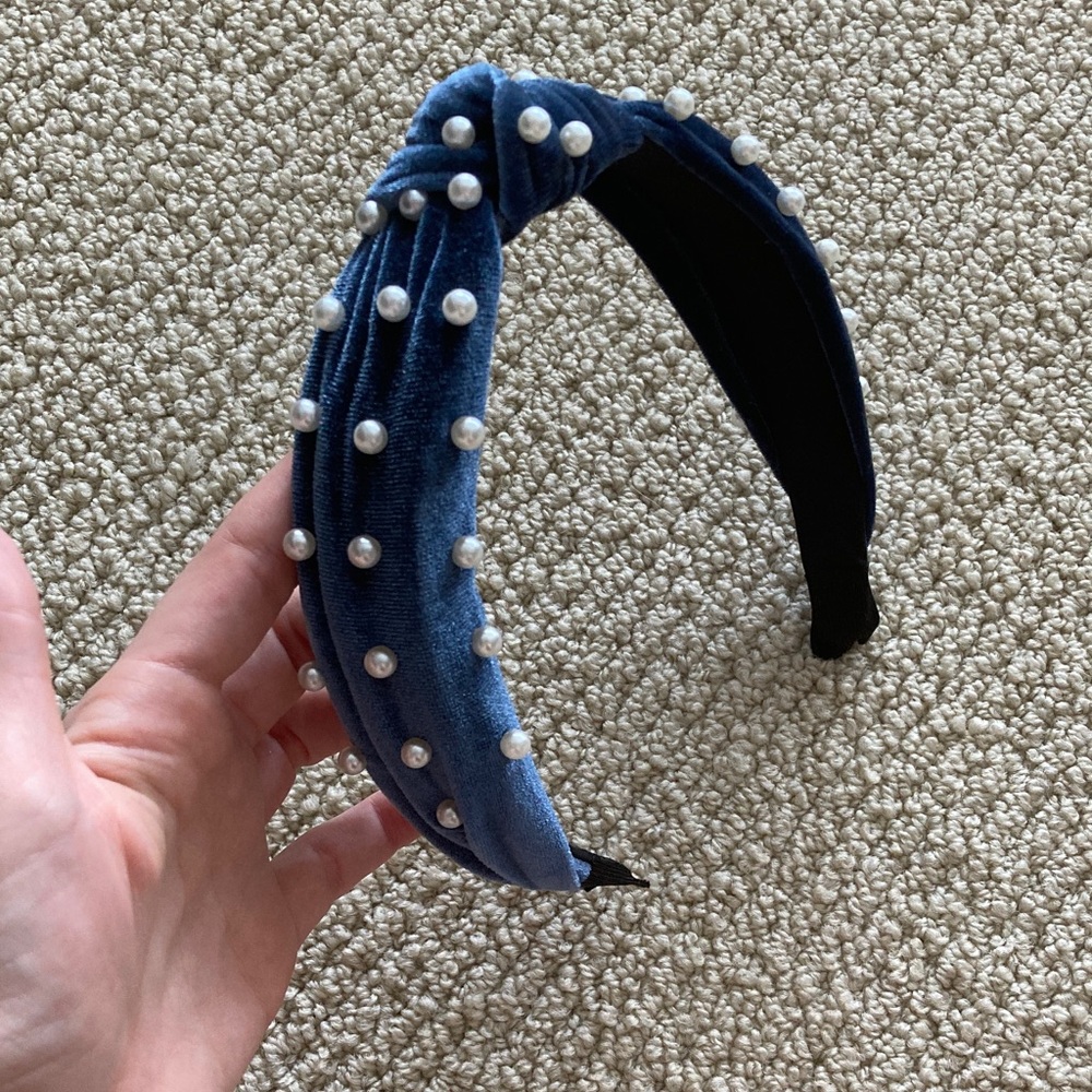 Blue Velvet Headband with Faux Pearls